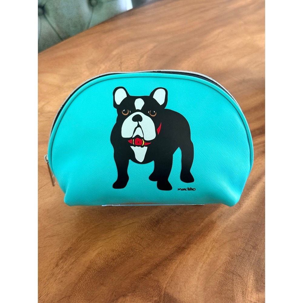 Marc Tetro French Bulldog Turquoise Cosmetic Bag Makeup Pouch Vegan Leather